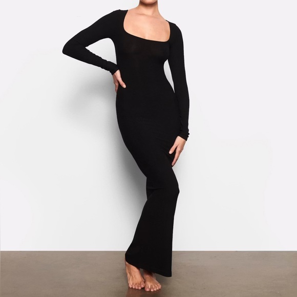 SKIMS Dresses & Skirts - Skims Soft Lounge Long Sleeve Maxi Dress Square Neck Black Onyx Large Stretchy